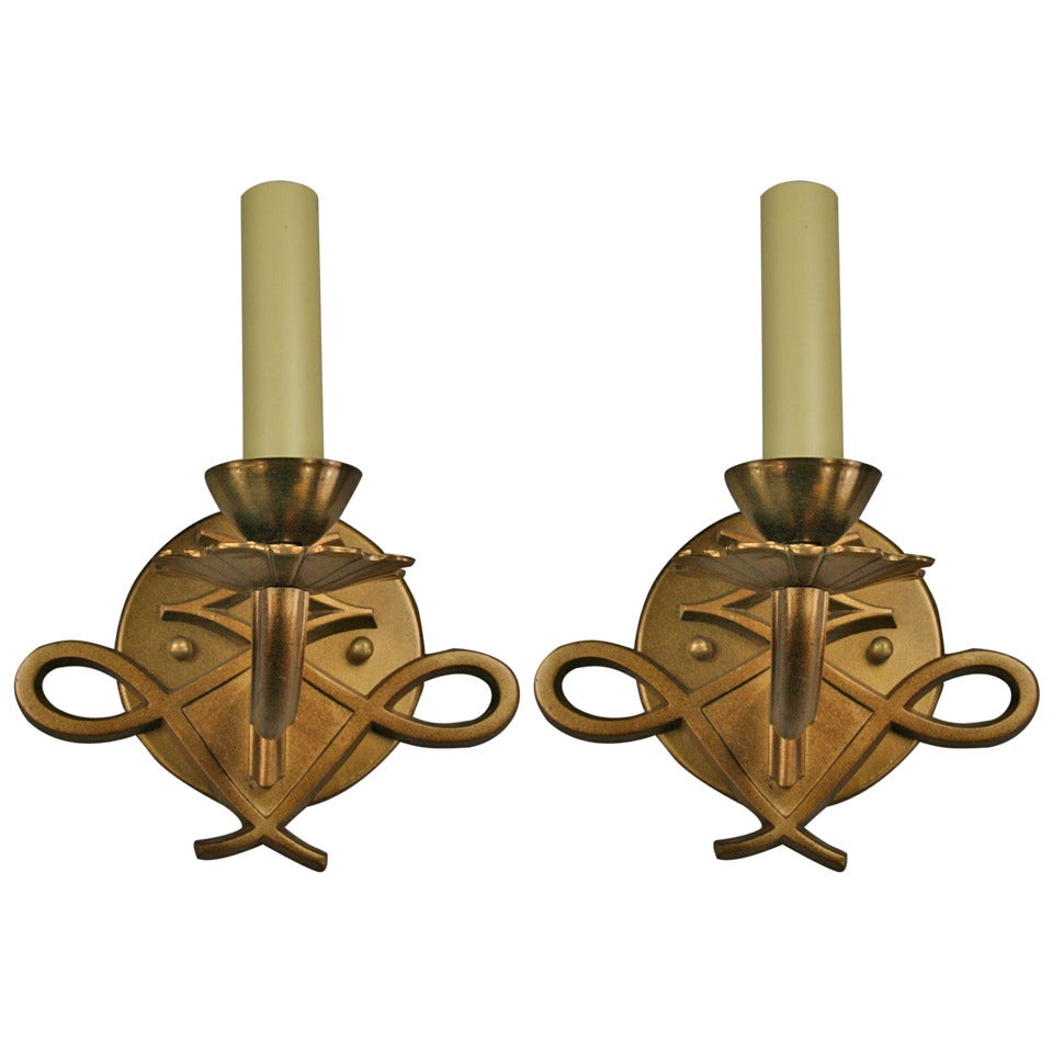 Pair of French Darkened Brass, Single-Arm Sconces