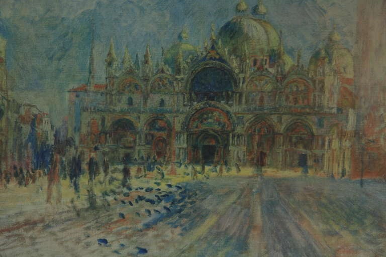 5-1035 Chromolithographic painting of Piazzo San Marco in Venice, Italy, in a silver and wood leaf frame. Signed bottom right illegible