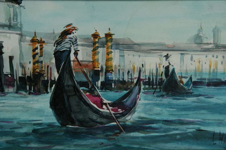 5-3124 Acrylic  painting on paper applied to a wood board of gondolas in a gilt wood frame. Signed Mattsor 2010.