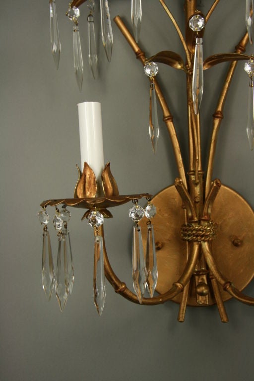 Pair of Palm Leaf Gilt Double-Arm Sconces In Good Condition In Douglas Manor, NY