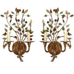 Pair Tole and Glass Foliate Sconces