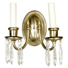 Pair Circa 1920's Silverplated Crystal Double Arm Sconce