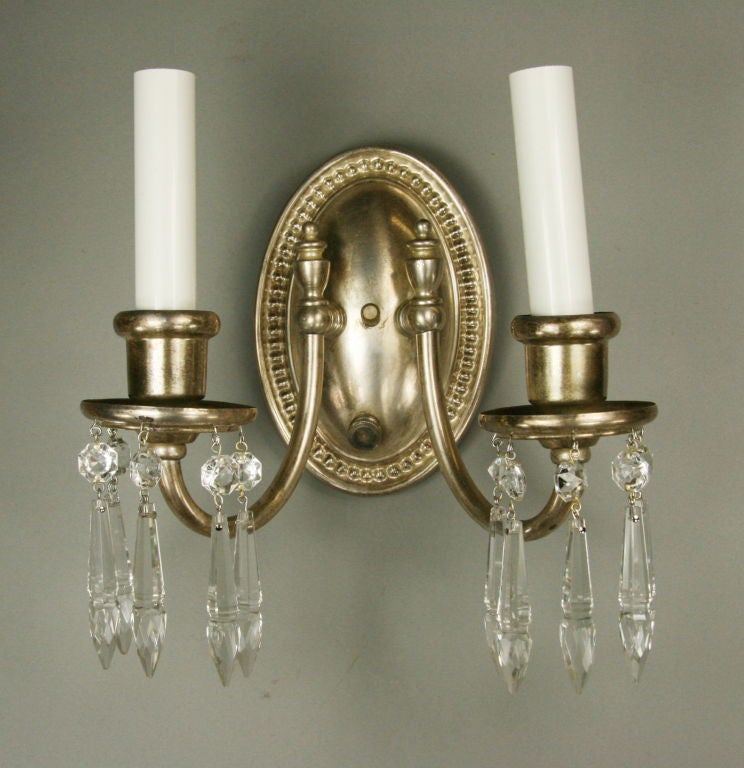 Pair Circa 1920 s Silverplated Crystal Double Arm Sconce at 1stdibs