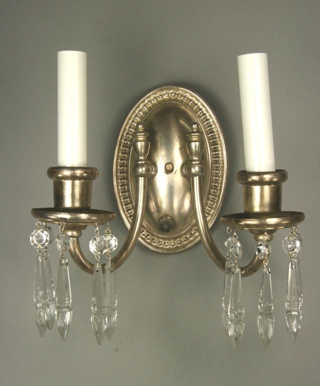 Pair Circa 1920 s Silverplated Crystal Double Arm Sconce at 1stdibs