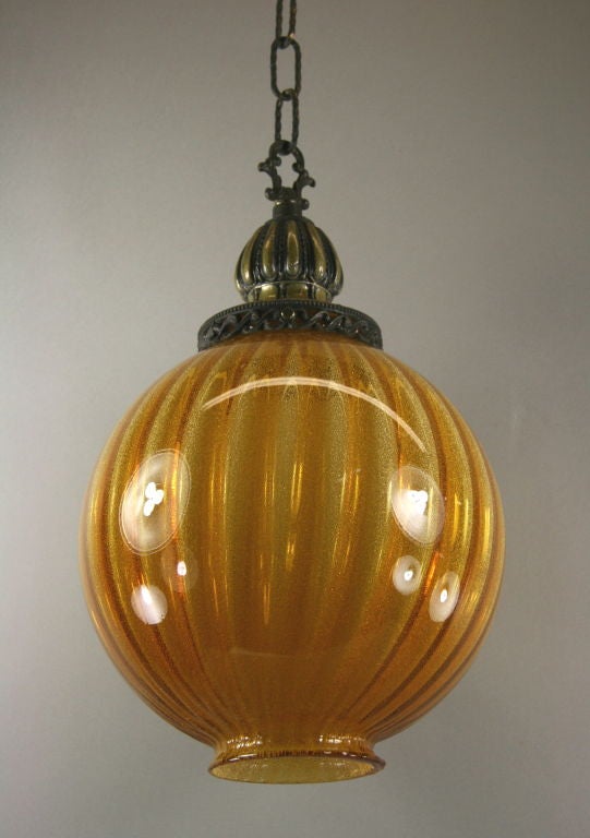 Ribbed Amber Glass Globe Pendant