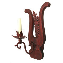 Pair Lyre Back Single Arm Red Wood Sconce.