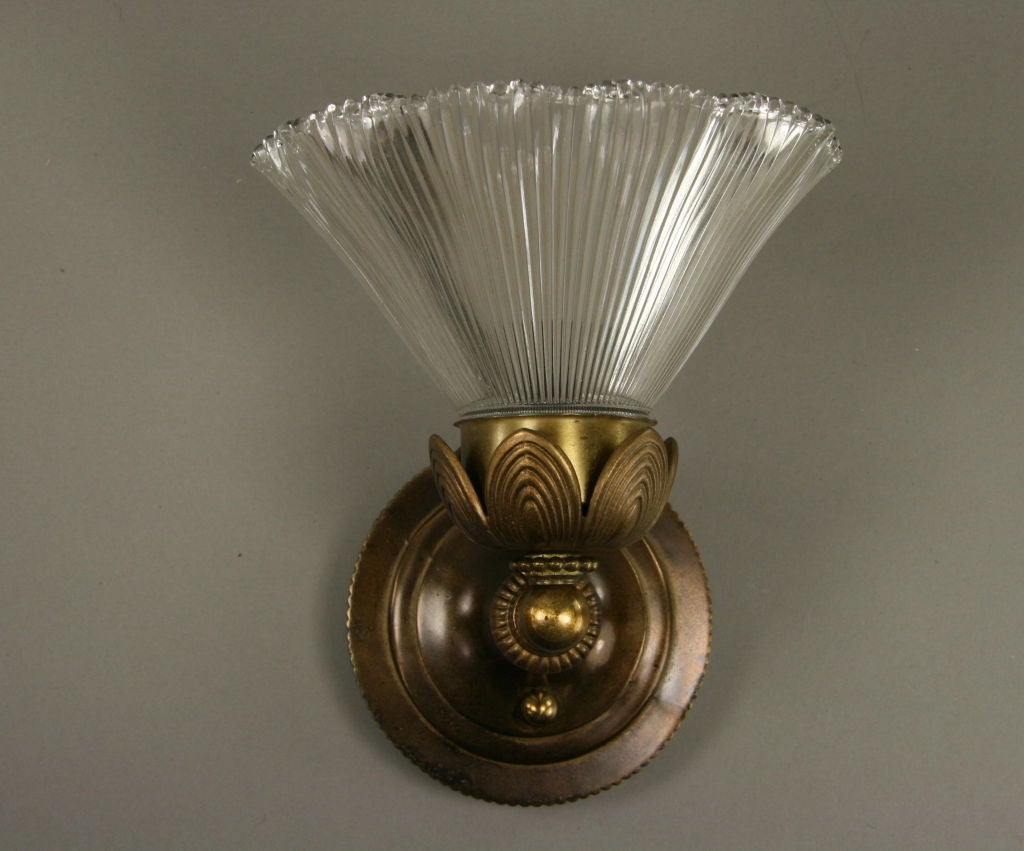 Pair Holophane Glass Dark Brass Sconces