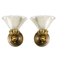 Pair Holophane Glass Dark Brass Sconces