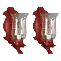 Pair Red sconces with etched glass shade (3 pair available)