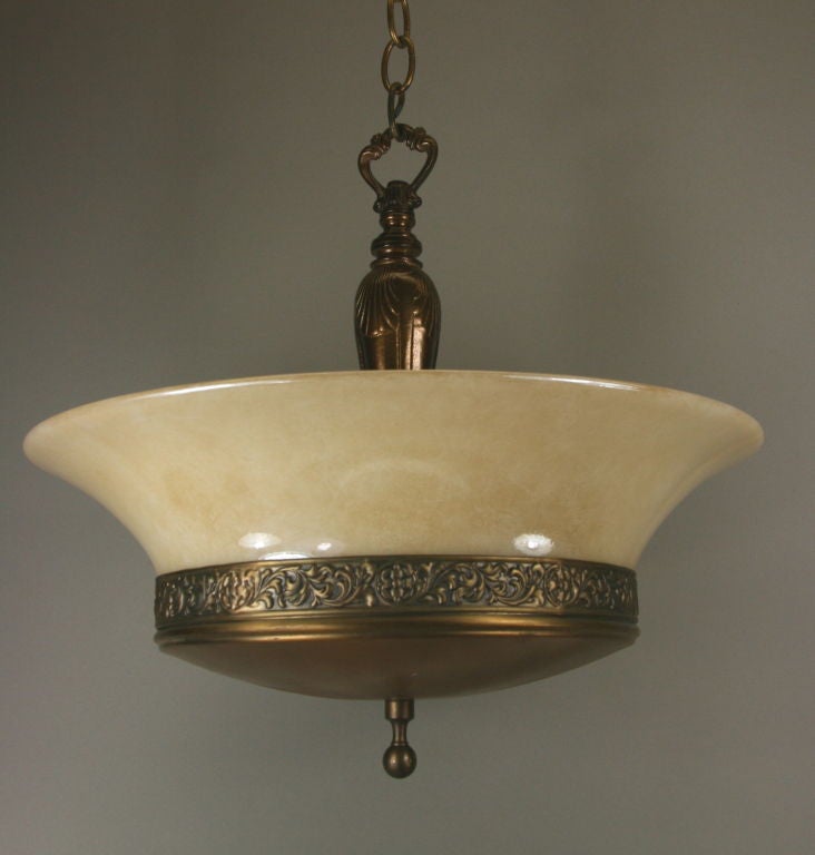 Circa 1930's Opaline Glass Dark Brass Ceiling Light