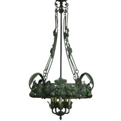 Vintage Large Scale Italian  Wrought Iron Green  Chandelier
