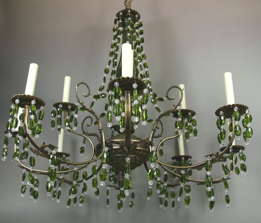 On Sale Large Green Crystal Two-Tier Chandelier, 1920s In Good Condition In Douglas Manor, NY