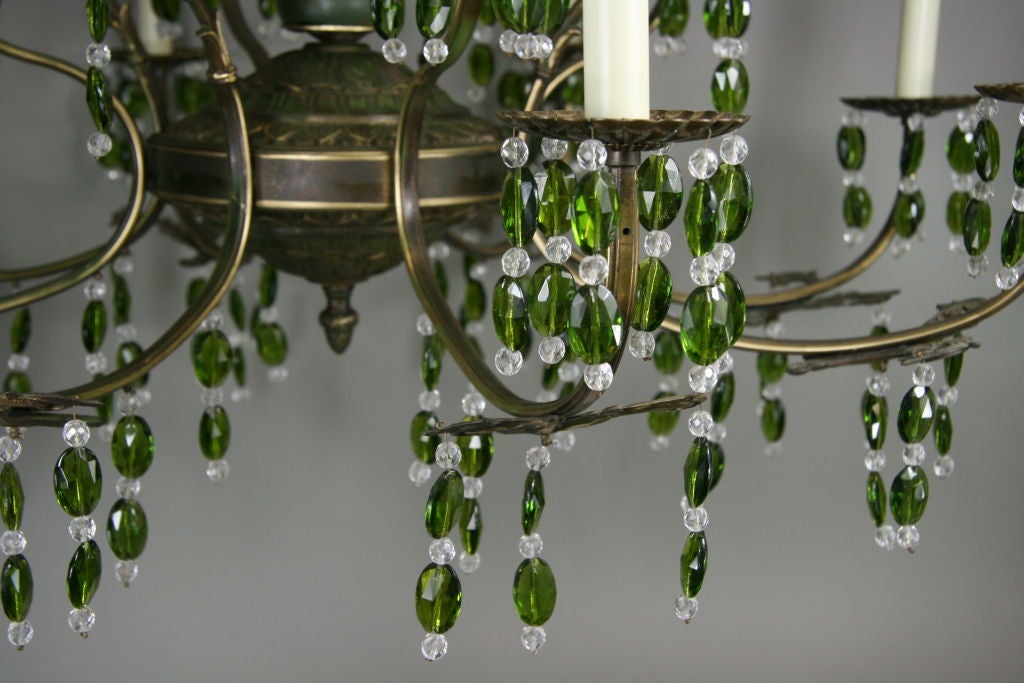 Brass On Sale Large Green Crystal Two-Tier Chandelier, 1920s