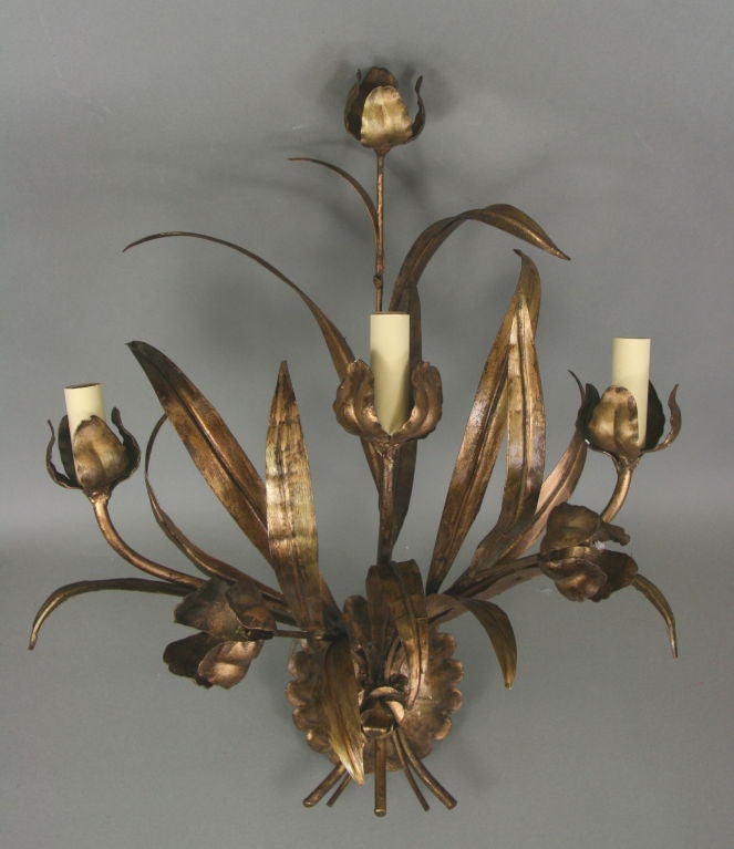 A large pair of gilt foliate -tulips three light sconce.
ON SALE regular price $2150 now $1400net no additional discounts.