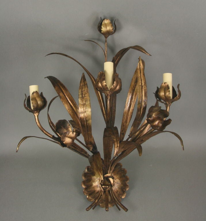Pair Large Gilt Tole Foliate Sconces In Good Condition In Douglas Manor, NY