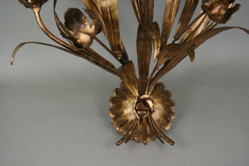 Mid-20th Century Pair Large Gilt Tole Foliate Sconces