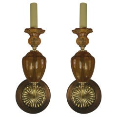 Pair Amber Glass Darkened Brass Sconce   Two pair available