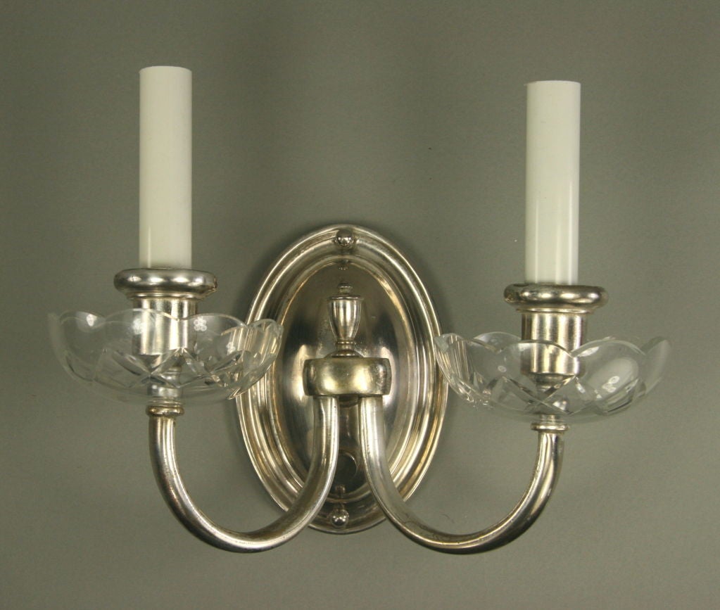 Pair Silverplate Crystal Double Arm Sconce at 1stdibs