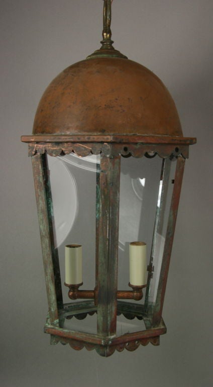 #1-2817, a six panel copper-verdigris scalloped lantern with two cluster light.