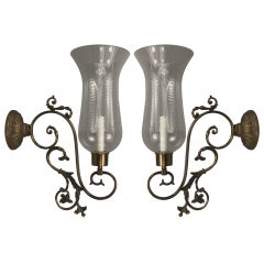 Pair of Large-Scale Scrolled-Arm Hurricane Sconces