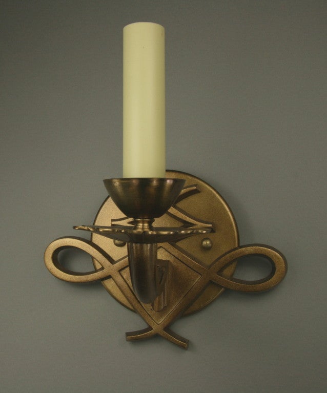 Mid-20th Century Pair of French Darkened Brass, Single-Arm Sconces