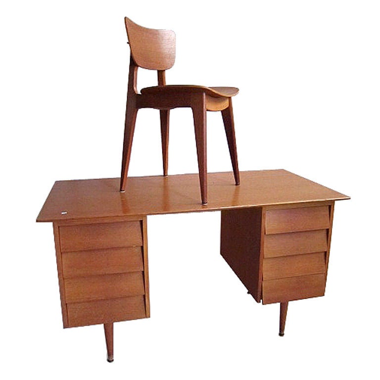 Oak Desk and Chair Designed by Roger Landault