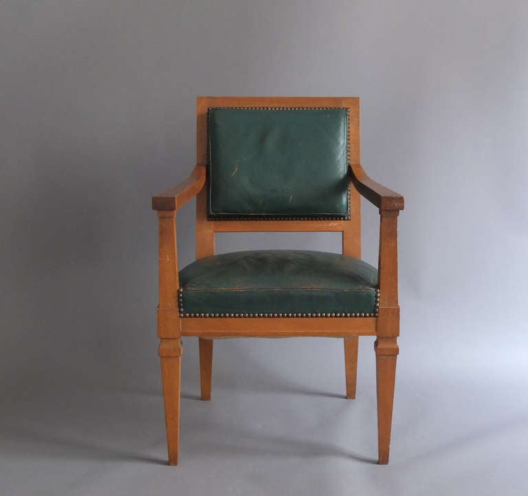 Three fine French Art Deco light mahogany arm chairs attributed to André Arbus. Price is per item.

