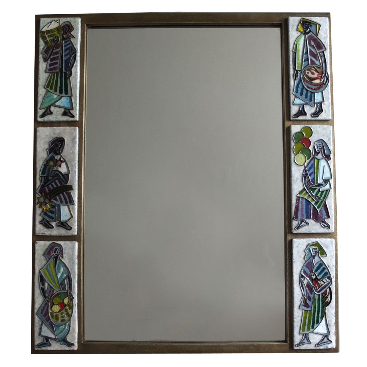 A Fine French 1960s Metal and Ceramic Framed Mirror by Scaillon For Sale