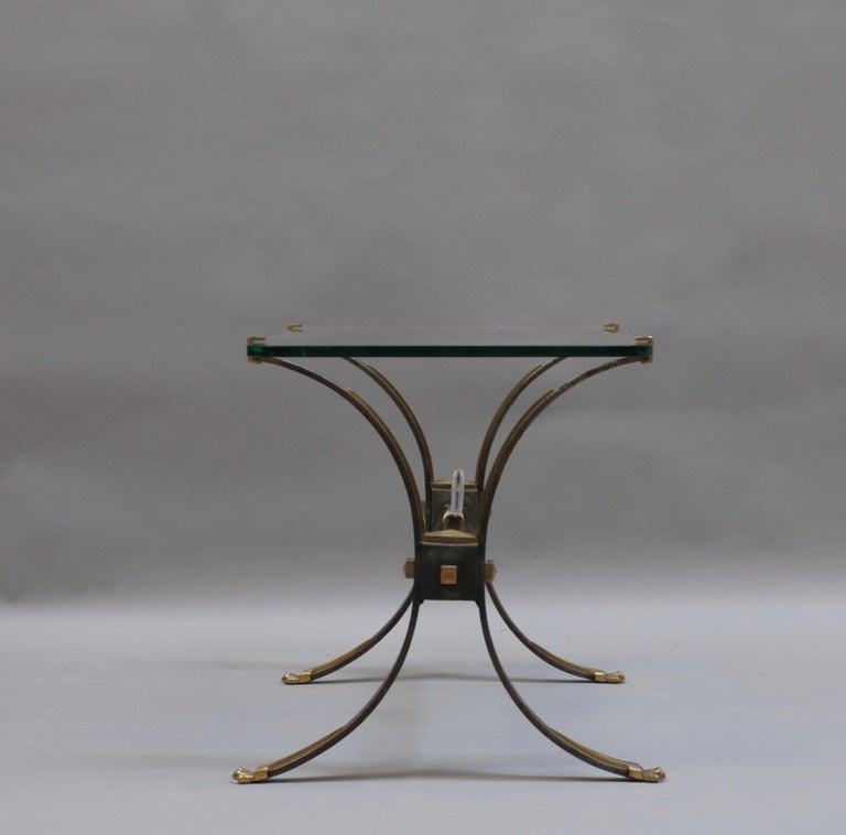 20th Century Fine French Wrought Iron and Brass Base Coffee Table with a Glass Top For Sale