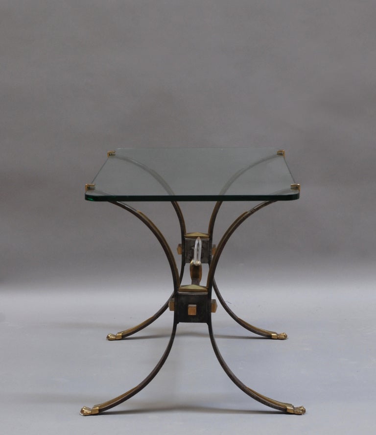 Metal Fine French Wrought Iron and Brass Base Coffee Table with a Glass Top For Sale