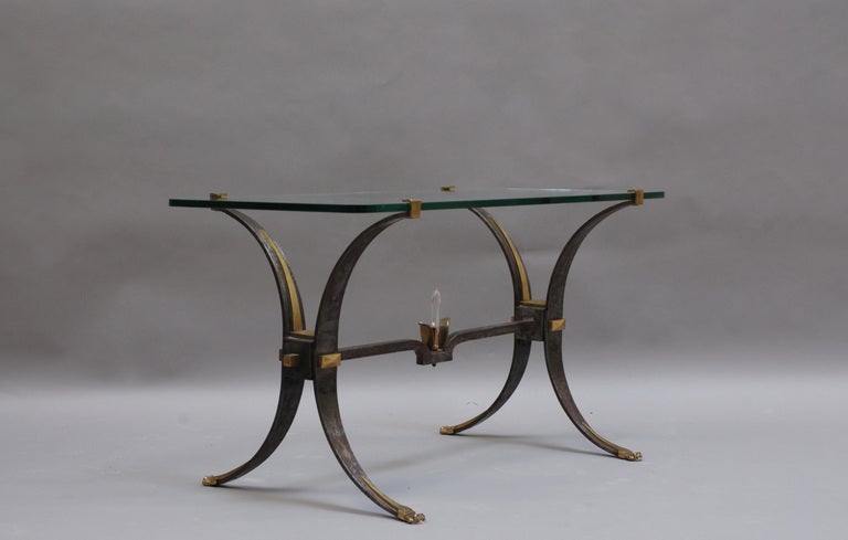 Fine French Wrought Iron and Brass Base Coffee Table with a Glass Top In Good Condition For Sale In Long Island City, NY