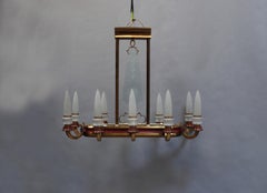 Fine Large French 1950s Brass and Glass Chandelier