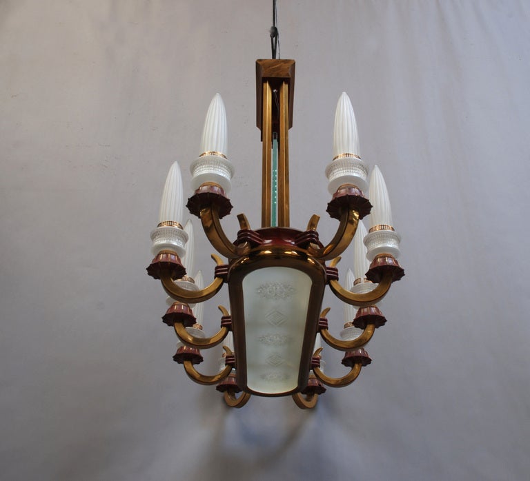 Mid-Century Modern A Fine Large French 1950s Brass and Glass Chandelier For Sale