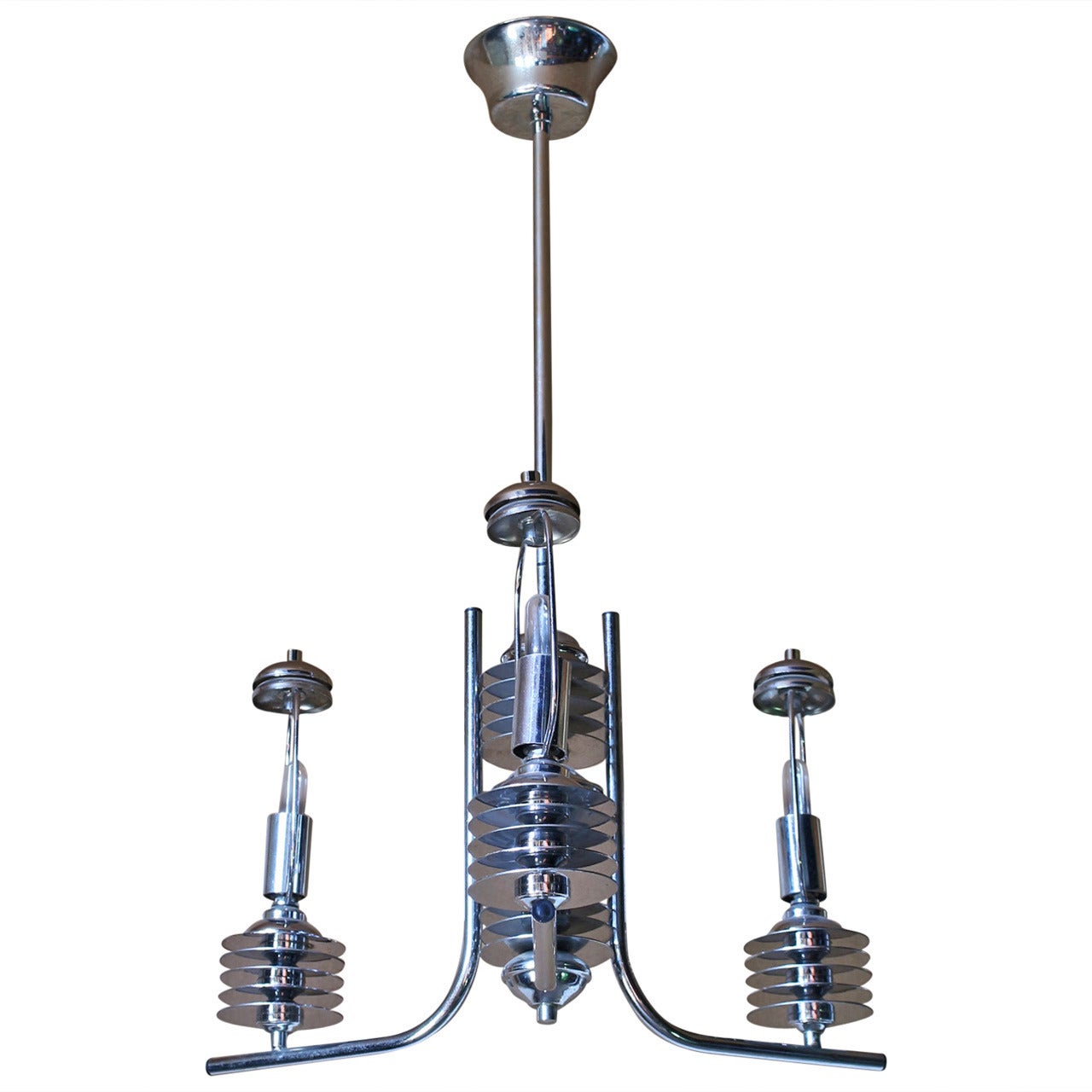 A French 1970's Modernist Chrome Chandelier For Sale