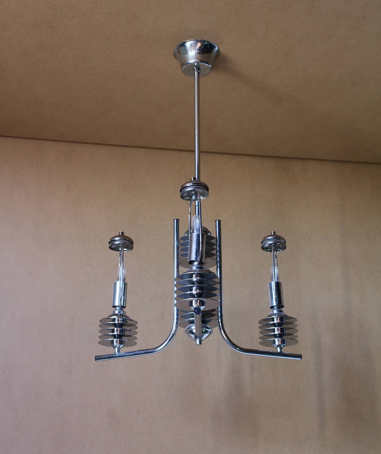 Unusual French 1970s modernist chrome chandelier.