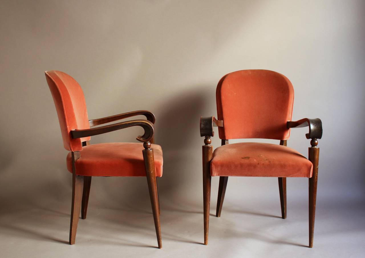 A Pair of Fine French Art Deco Ebonized Mahogany Arm Chairs by Maxime Old For Sale 1
