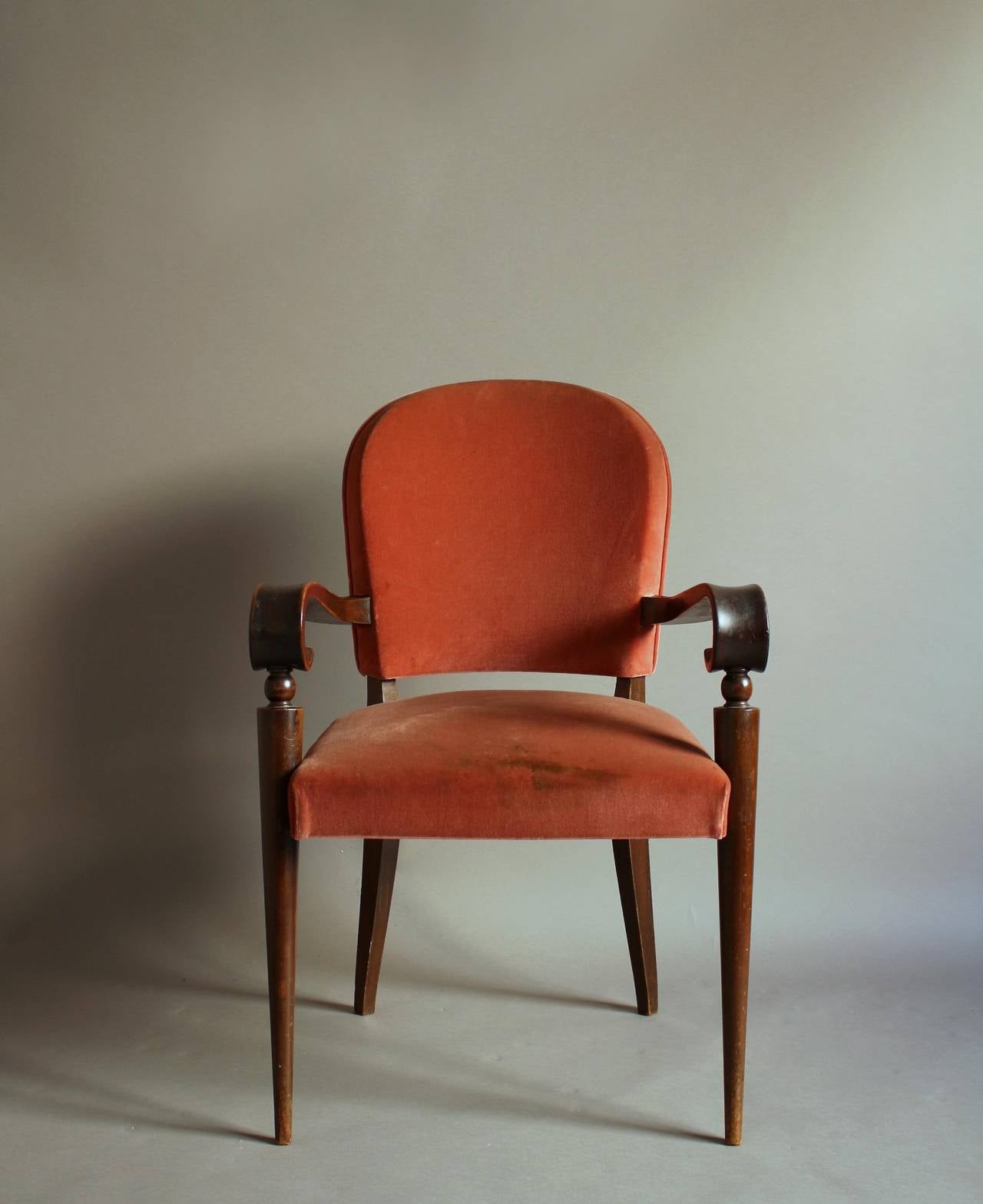 A Pair of Fine French Art Deco Ebonized Mahogany Arm Chairs by Maxime Old For Sale 3