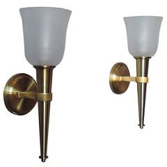Pair of French 1950's Bronze and Glass "Torch" Sconces by Jean Perzel 4