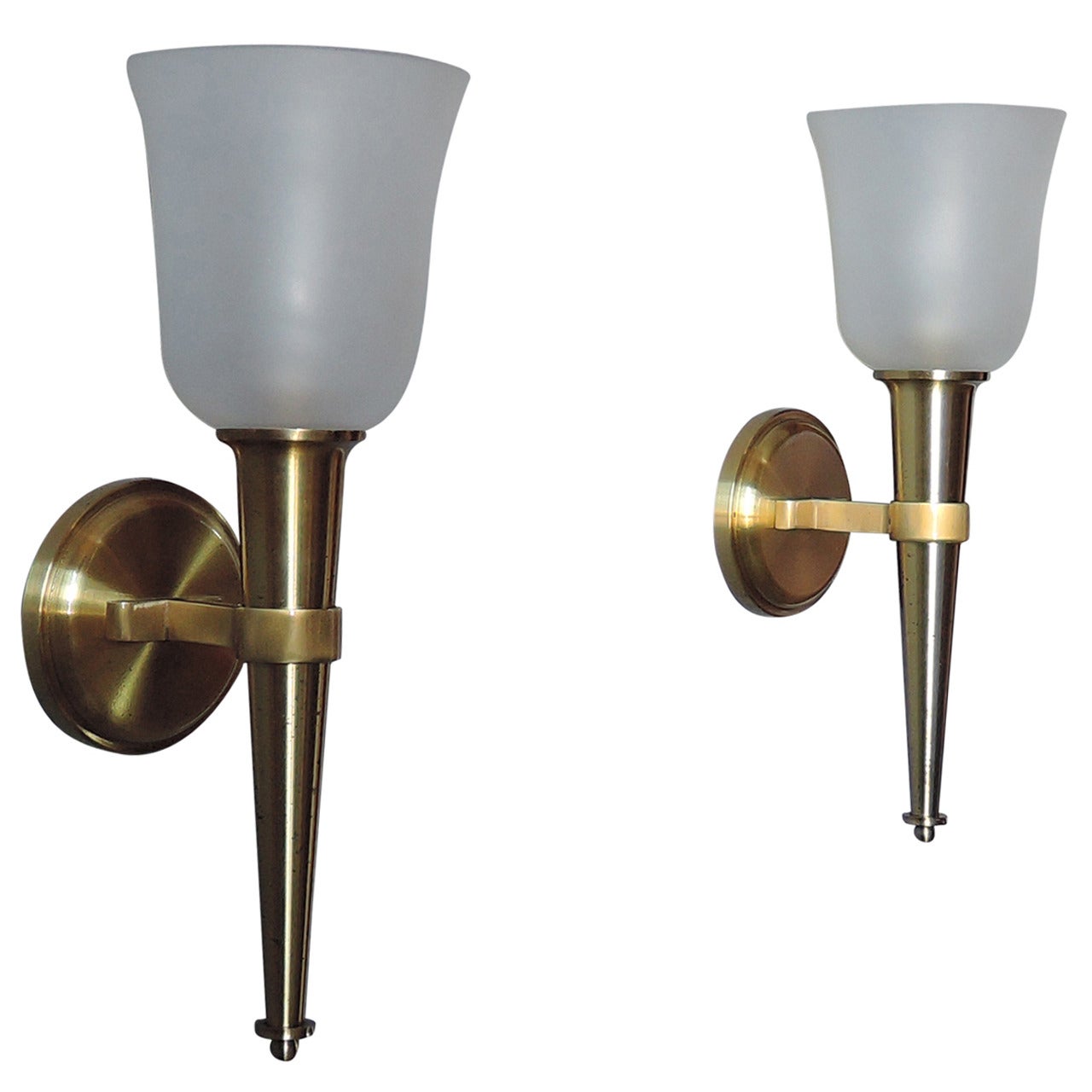 A Pair of French 1950's Bronze and Glass "Torch" Sconces by Jean Perzel