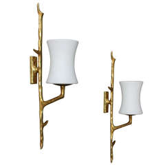 Fine 1960s Pair of Gilt Bronze and White Glass Sconces