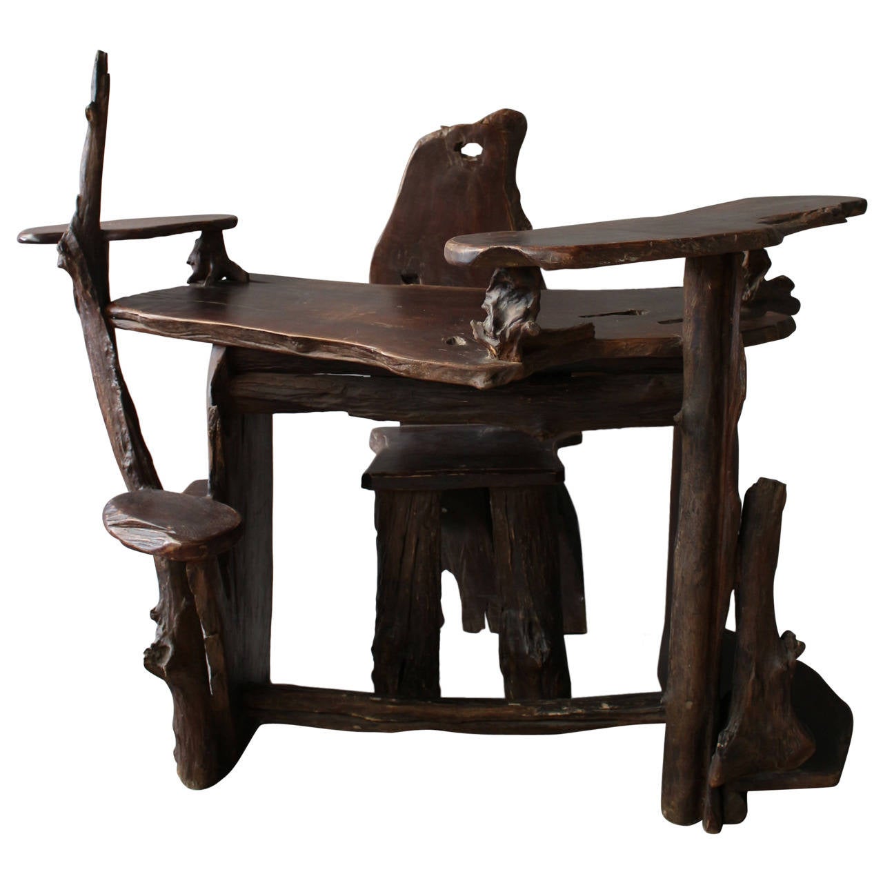 French sculptural wooden desk and chair, mid-20th century, offered by Conjeaud & Chappey