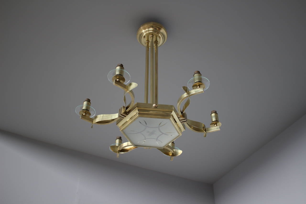 Fine French 1960's Brass and Glass Chandelier For Sale 1