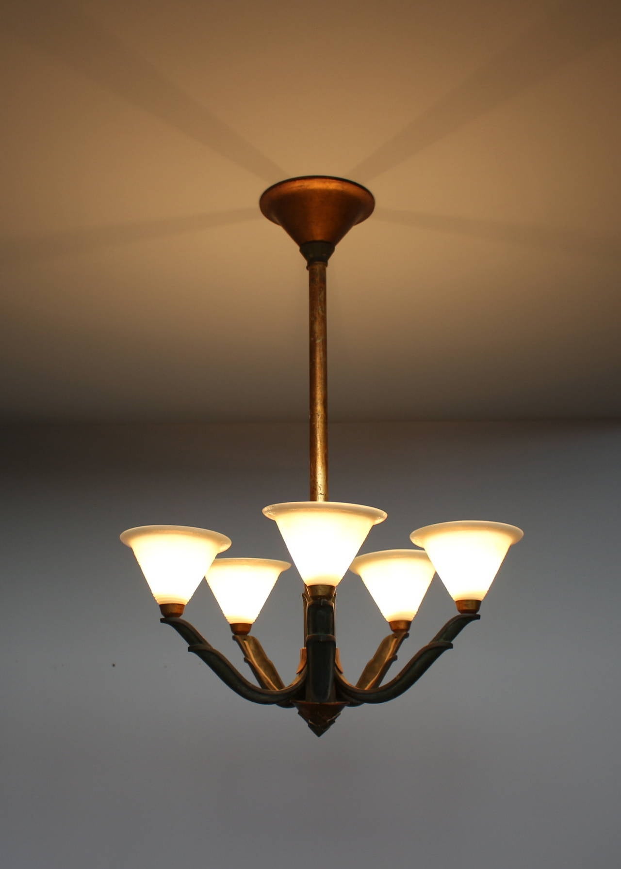 Fine French Art Deco five patina and gilded bronze arms with daum glass shades by P. Fargette.
US re-wired (5 candelabra bulbs - up to 300 watts total)