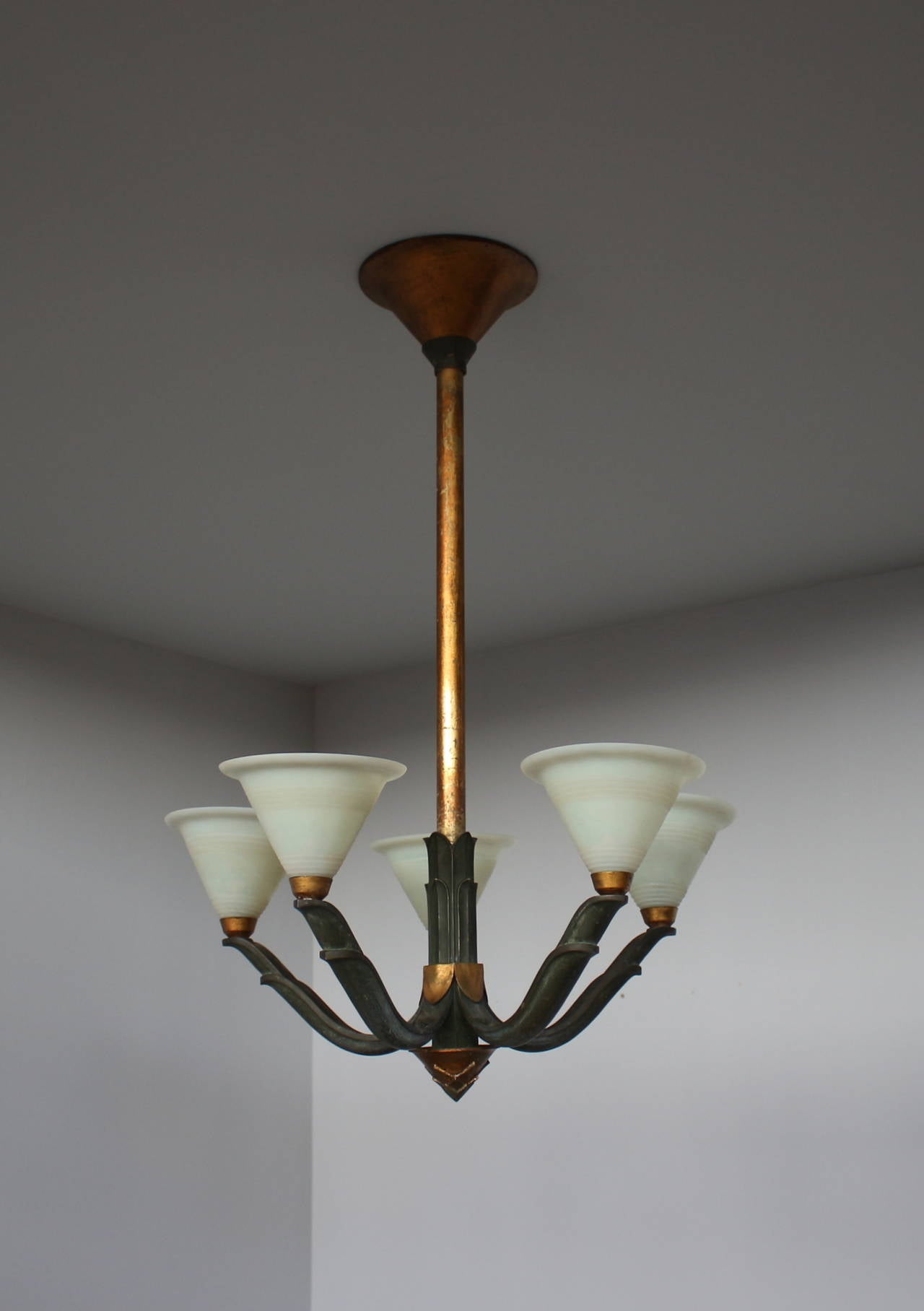 French Art Deco Bronze and Daum Glass Chandelier by Fargette 6