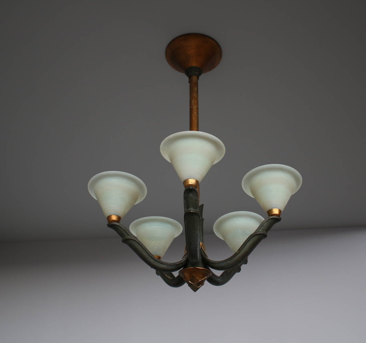 French Art Deco Bronze and Daum Glass Chandelier by Fargette In Good Condition In Long Island City, NY