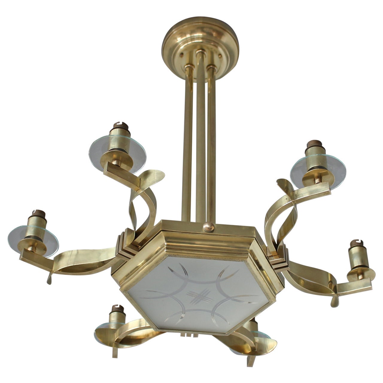 Fine French 1960's Brass and Glass Chandelier For Sale