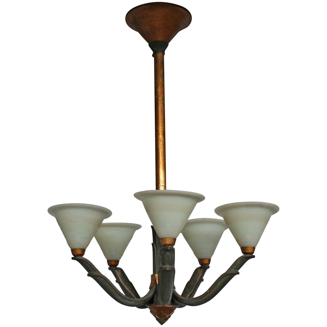 French Art Deco Bronze and Daum Glass Chandelier by Fargette