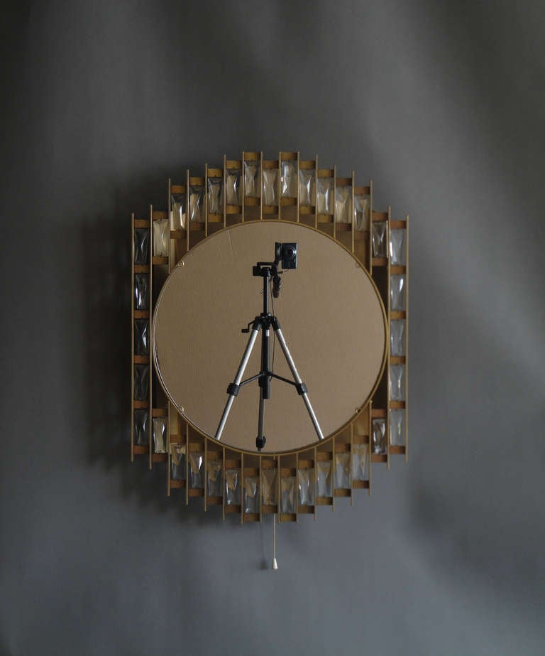 Brass Fine French 1970's Metal and Glass Illuminated Mirror For Sale