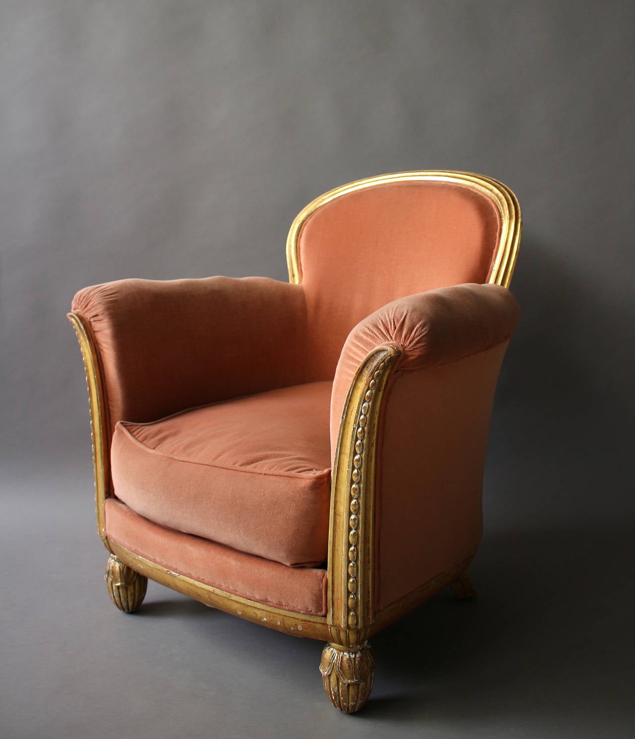 A fine French Art Deco gilded wood frame club armchair by Paul Follot.
Bibliography: 