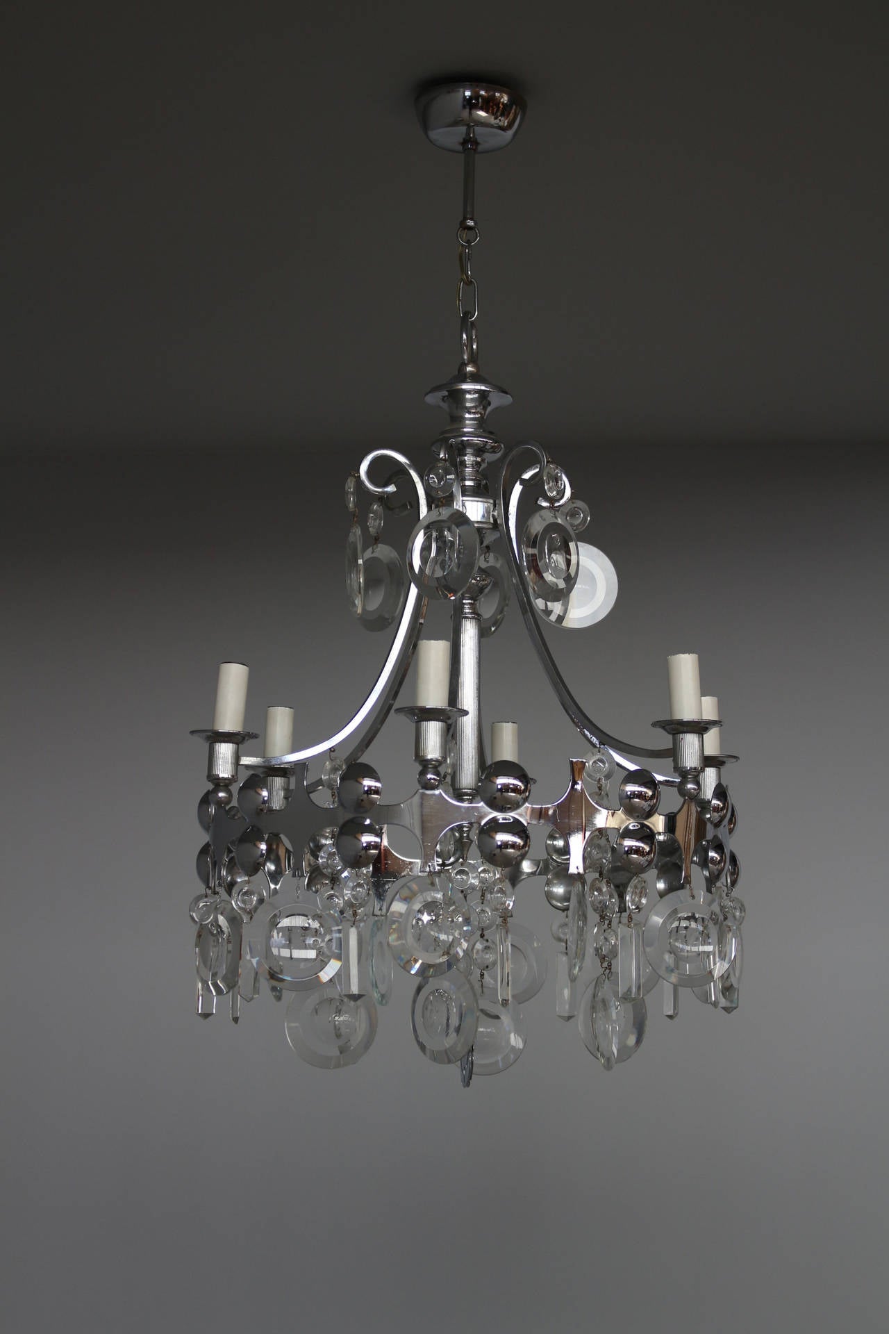 Mid-Century Modern Fine French 1970s Metal and Glass Chandelier For Sale